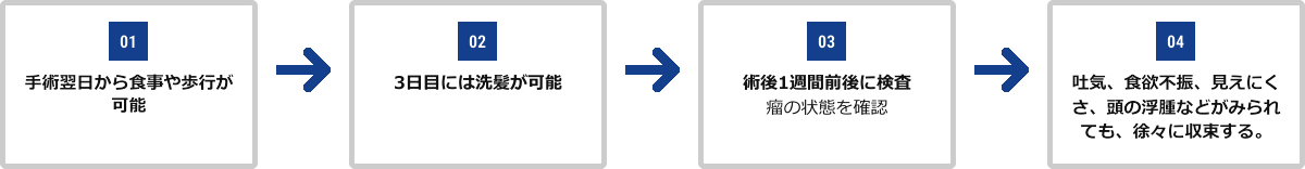 01.手術翌日から食事や歩行が可能 02.3日目には洗髪が可能 03.術後1週間前後に検査、クリップと瘤の状態を確認 04.吐気、食欲不振、見えにくさ、頭の浮腫などがみられても、徐々に収束する。